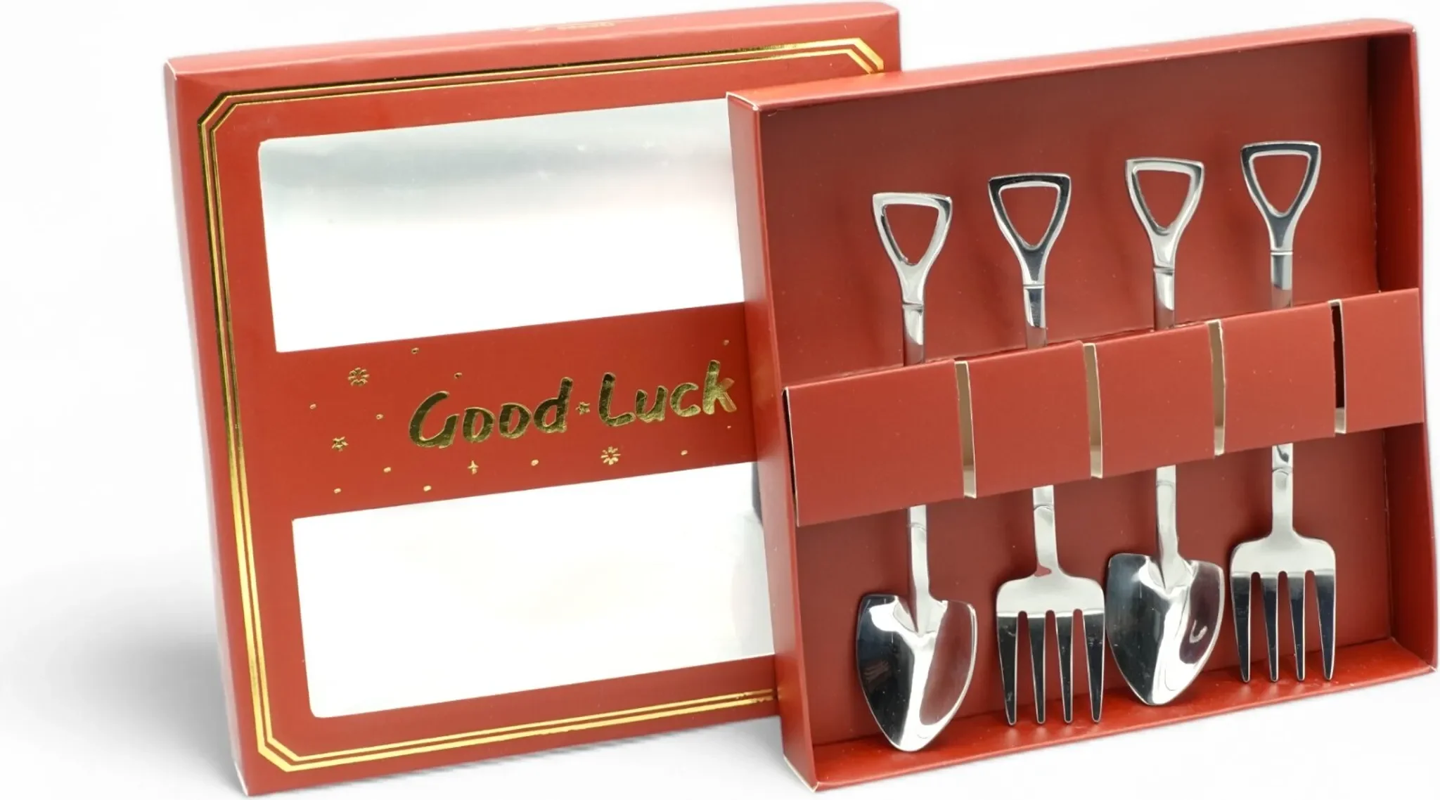 „Good Luck“ Edelstahl-Besteckset – Schaufel & Gabel, Silber, Geschenkbox Rot