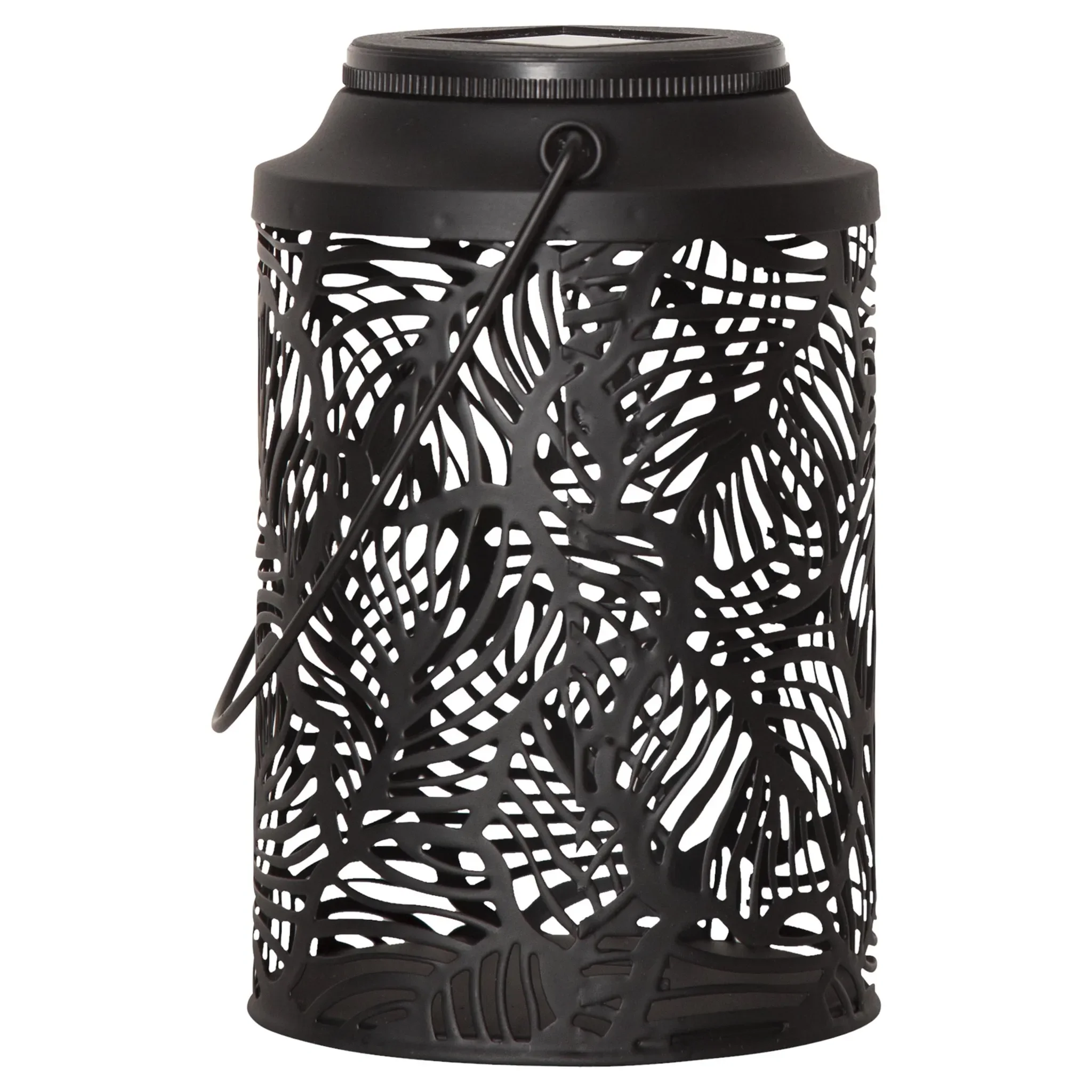 LED-Solar-Dekolaterne „Leafy“, schwarz, Blattmuster, warmweiß, Metall, 17 × 11,5 cm