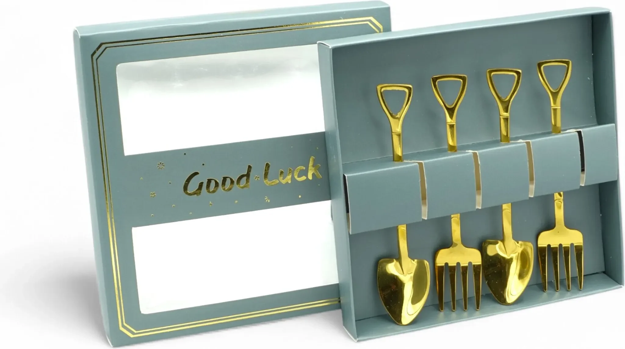 „Good Luck“ Edelstahl-Besteckset – Schaufel & Gabel, Gold, Geschenkbox Grün